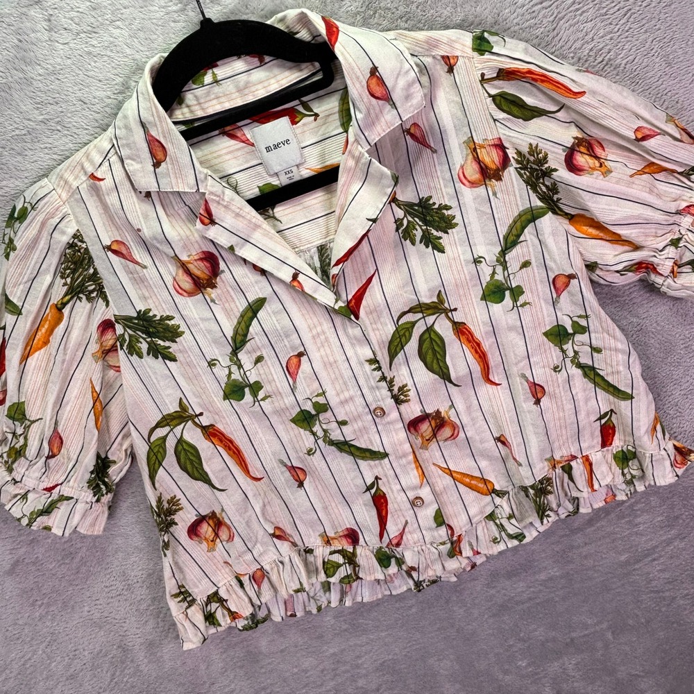 Anthropologie Maeve Cropped Blouse Size XXS Garden Vegetable Print Peasant